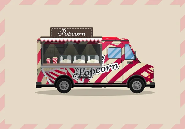 Popcorn vagn, kiosk på hjul, detaljister, sötsaker och konfektyrprodukter och platt stil isolerade vektorillustration. Snacks för dina projekt — Stock vektor