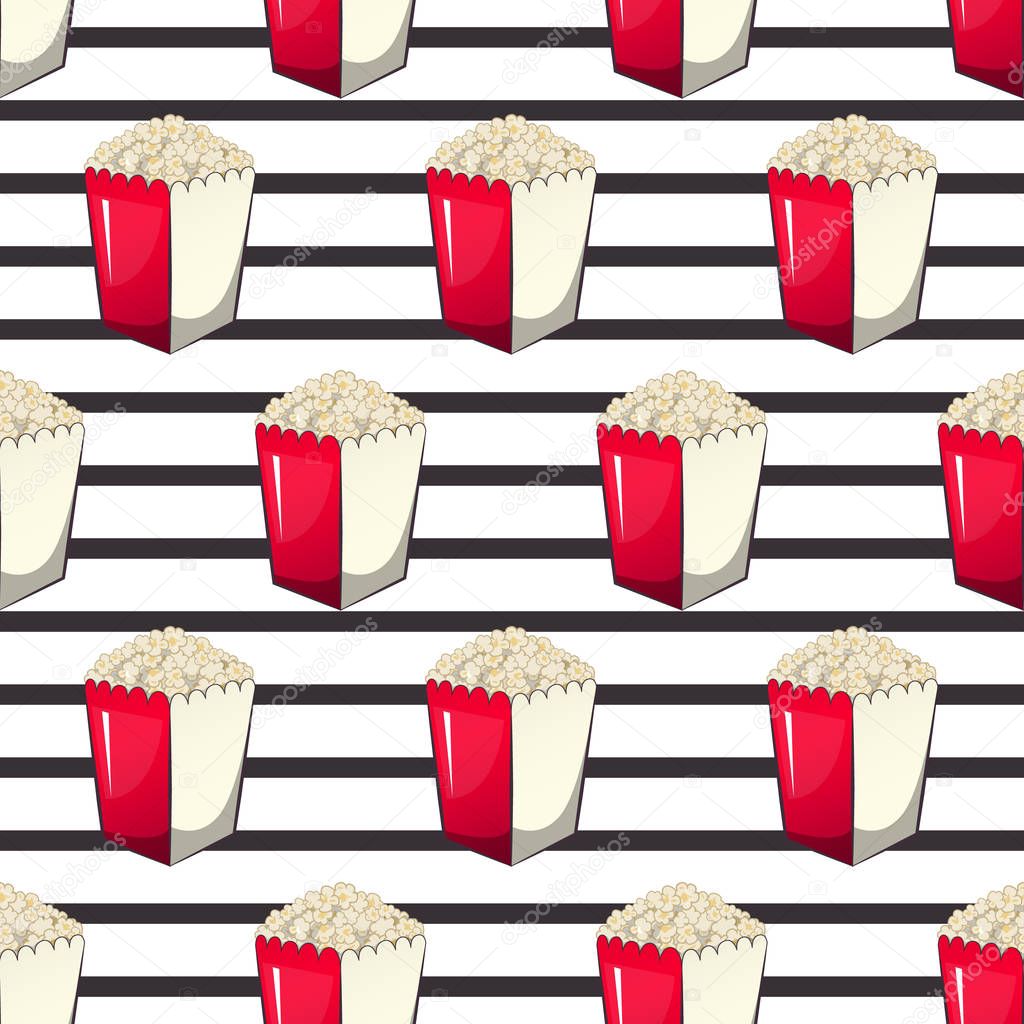 Popcorn is isolated in a strip wrapper box for your produce, an appetizer bucket when you watch movies. Pattern, background Miniature fast food Vector illustration for your project