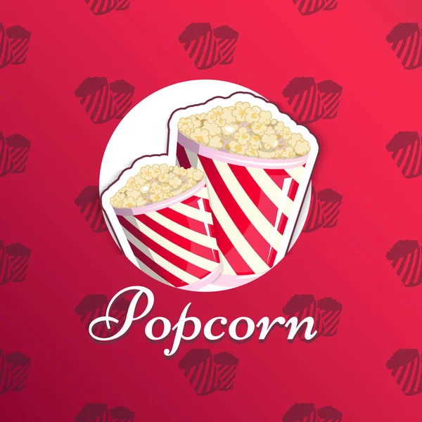 Popcorn ist isoliert in einem gestreiften Logo-Emblem für Ihre Produkte, einem Appetiteimer, wenn Sie Filme ansehen. Etikett, Wrap-Miniatur-Fastfood-Vektorillustration für Ihr Projekt — Stockvektor