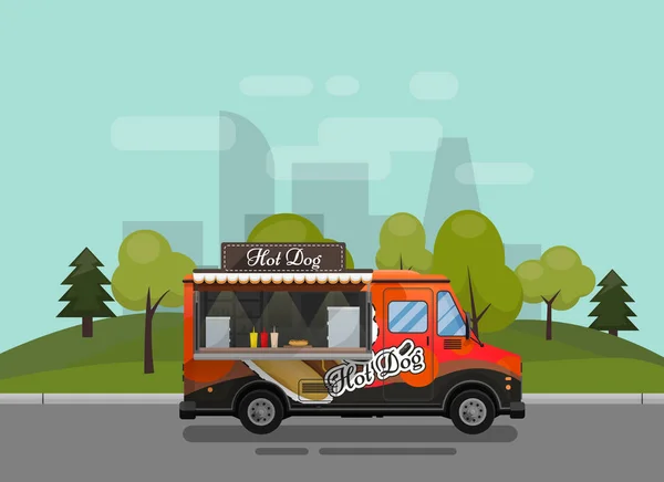 Hotdog-Wagen, Kiosk auf Rädern, Einzelhandel, Fast-Snack-Frühstück, Fast Food und Flatstyle, isoliert vor dem Hintergrund der Stadtvektorillustrationen. Symbol für Ihre Projekte — Stockvektor