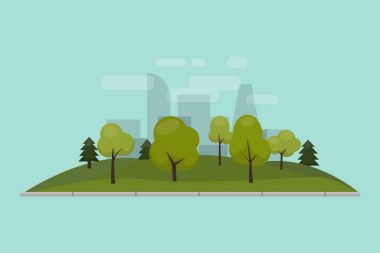 Şehir Parkı, çim ve ağaçların. Yalıtılmış bir düz stil vektör Illustration. Şehir merkezinde yeşil park alanı. Gökdelenler ve büyük binalar ile şehrin arka planı