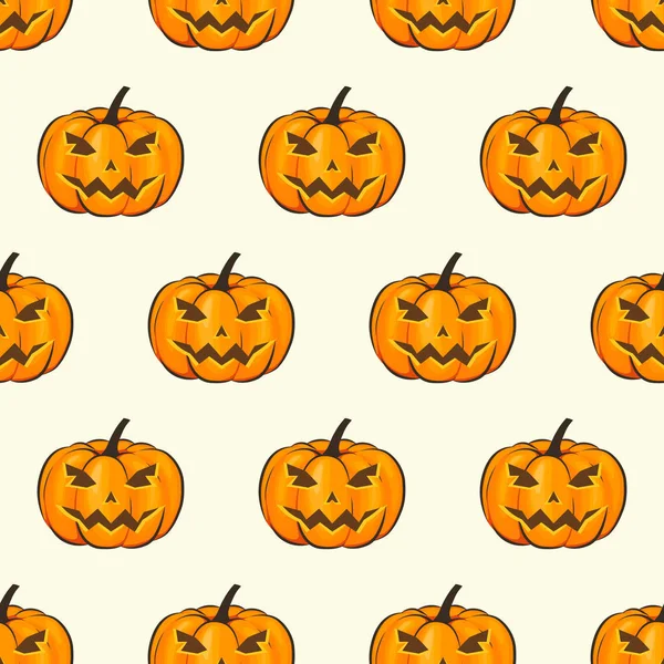 Halloween sem costura padrão isolado envoltório papel de parede com abóboras terríveis em um estilo de desenho animado. Ilustração vetorial do tema de Halloween para seus projetos —  Vetores de Stock