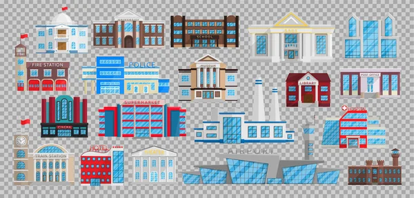 Edifícios isolados em vetor de estilo plano. Biblioteca Municipal, banco, hospital, universidade da escola, quartel de bombeiros, polícia, museu, correios, cinema, teatro sepermarket factory airport prison —  Vetores de Stock