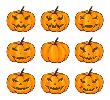 Korkunç bir kabak ile Cadılar Bayramı için bir karikatür tarzında beyaz bir arka plan üzerinde ayarlayın. Vektör çizim Cadılar Bayramı kutlama projeleriniz için üzerinde