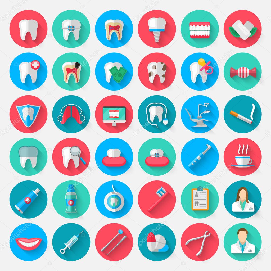 Dentistry icons isolated in a flat design style. Vector Illustration Symbols elements on the topic of stomatology and orthodontics, dental care, caries, prosthetics, transparent and metal braces