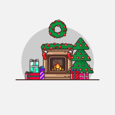 Yeni yıl Noel vektör çizim düz lineer tarzda izole. Noel atmosferi, şömine ile hediyeler, güzelliğe ile Noel ağacı, hediyeler için çorap. Broşürler selamlar için uygundur.
