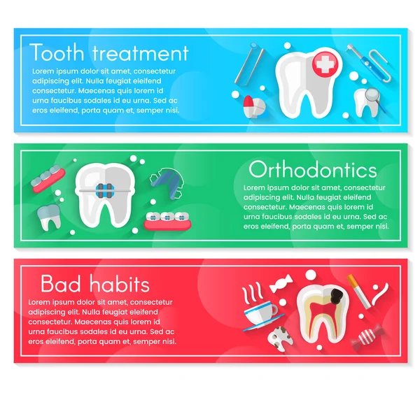 Diş Banner arka plan düz simgelerle izole kavramı. Vektör çizim, diş hekimliği, Ortodonti. Sağlıklı temiz dişler. Diş aletleri ve donanımları. Projeleriniz için illüstrasyon — Stok Vektör