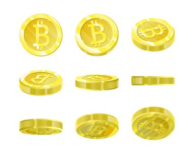 Bitcoins, altın 3d madeni para--dan farklı açılardan yalıtım animasyon için. Gelecekte, madencilik, elektronik ödemeler crypt para birimi. Vektör çizim