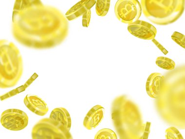 Bitcoin işareti ile izole bir gerçekçi model arka plan 3d altın sikke Bitcoin vektör Illustration. Gelecekte, madencilik, elektronik ödemeler crypt para birimi. Blockchain