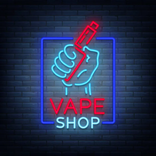 Toko Vape ikon neon, logo terisolasi Vector ilustrasi. Tanda Neon, spanduk berkilau malam menjual rokok elektronik - Stok Vektor