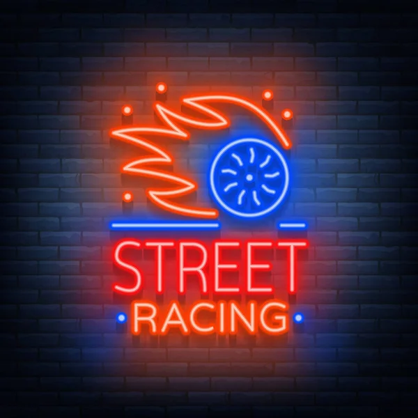 Street racing logo embleem sjabloon vector logo in neon stijl. Een gloeiende teken op het thema van de races. Lichtreclame, lichte banner — Stockvector