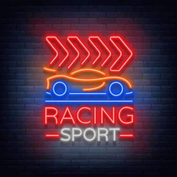 Racing Sports neon logotipo emblema padrão. Um sinal brilhante sobre o tema das corridas. Sinal de néon, banner de luz. Ilustração vetorial — Vetor de Stock