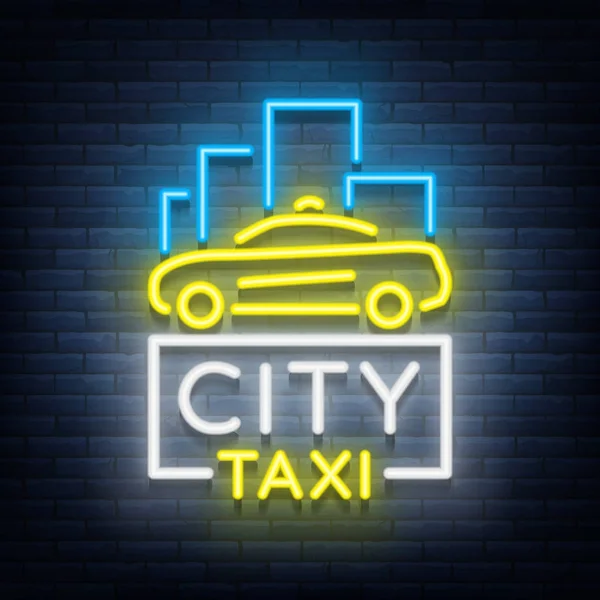 Modèle de concept de logos néon taxi ville. Panneau lumineux sur le thème du transport des passagers. Des enseignes au néon, une bannière de nuit. Illustration vectorielle — Image vectorielle