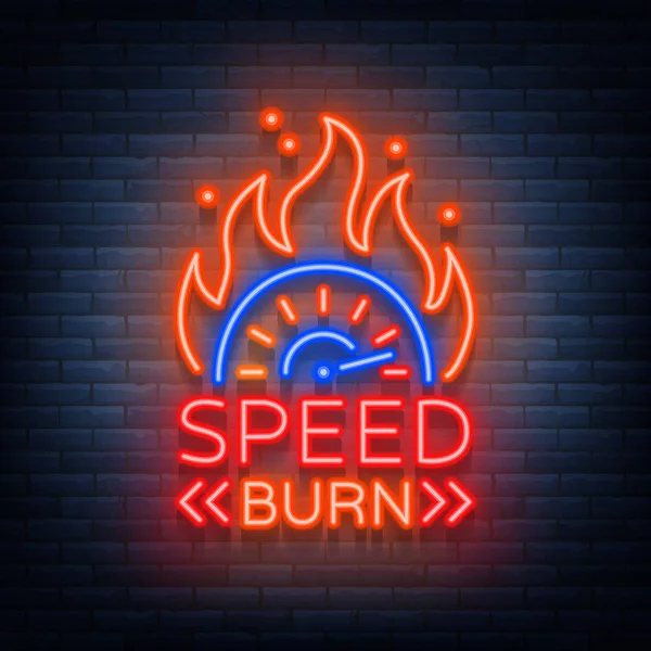 Snelheid branden logo embleem sjabloon vector logo in neon stijl. Een gloeiende teken op het thema van de races. Lichtreclame, lichte banner — Stockvector