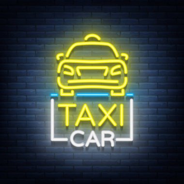 Taksi araba tasarım parlak neon logo kavramı şablonu. Işıklı tabela ulaşım yolcu konulu. Neon işaret, ışık gece afiş. Vektör çizim