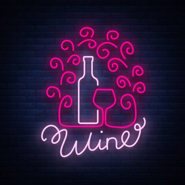 Kalıp logo bir moda neon tarzda şarap bar. Logo, rozet parlayan afiş. Menü, bar, Restoran, şarap listesi, şarap evi, şarap etiket, üzüm, şarap için. Vektör çizim