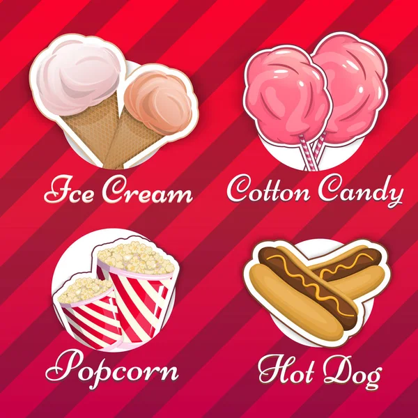 Popcorn, Eis, Zuckerwatte, Hot Dog, eine Reihe von Logos für Ihre Produkte, ein Eimer für Einkäufe, wenn Sie Filme ansehen. Verknüpfung, Verpackung Miniatur-Fast-Food-Vektorillustration für Ihr Design — Stockvektor