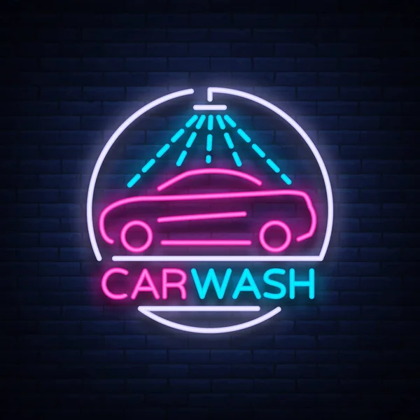 Autowaschanlage Logo Design Emblem in Neon-Stil Vektorillustration. Vorlage, Konzept, Leuchtreklame zum Thema Autowäsche — Stockvektor