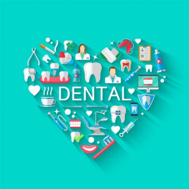 Diş Banner arka plan düz simgelerle izole kavramı. Vektör çizim, diş hekimliği, Ortodonti. Sağlıklı temiz dişler. Diş aletleri ve donanımları. Projeleriniz için illüstrasyon