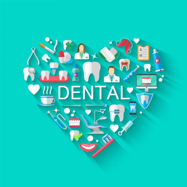 Conceito de fundo de bandeira dental com ícones planos isolados. Ilustração vetorial, Odontologia, Ortodontia. Dentes limpos saudáveis. Instrumentos e equipamentos odontológicos. Ilustração para seus projetos —  Vetores de Stock