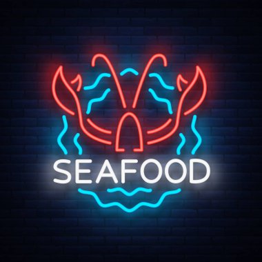 Deniz ürünleri neon logo simge vektör çizim. Istakoz amblem, levha, Restoran, kafe, bar deniz ürünleri ile gece işareti. Parlayan afiş, projeler için bir şablon