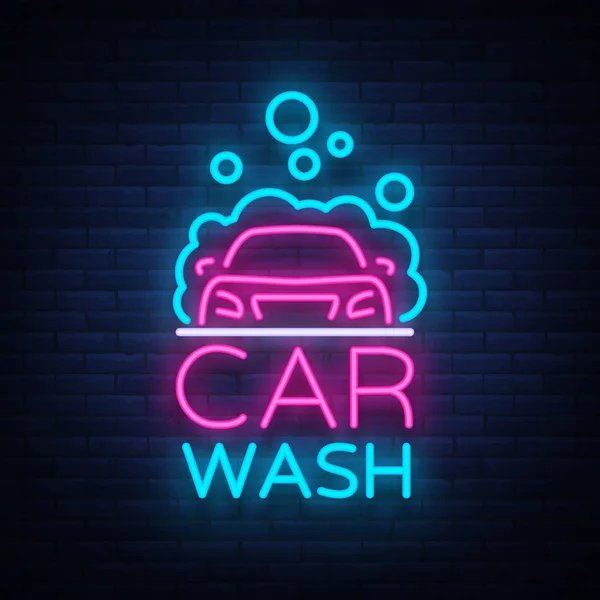 Oto yıkama logo vektör neon stil vektör illüstrasyon izole tasarımında. Kavramı, ışıklı tabela simgesi bir oto yıkama tema şablonu. Aydınlık afiş