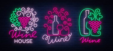 Şarap logolar trendy neon tarzı ayarlayın. Logo, neon parlayan afiş imzalar. Parlak işareti menü, bar, Restoran, şarap listesi, şarap evi, şarap etiket, üzüm, şarap için. Vektör çizim