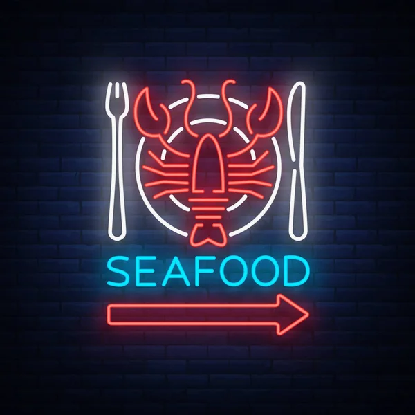 Fisk och skaldjur neon logotyp ikonen vektorillustration. Havskräfta emblem, neon reklam, natt tecken för restaurang, café, bar med fisk och skaldjur. Glödande banner, en mall för dina projekt — Stock vektor