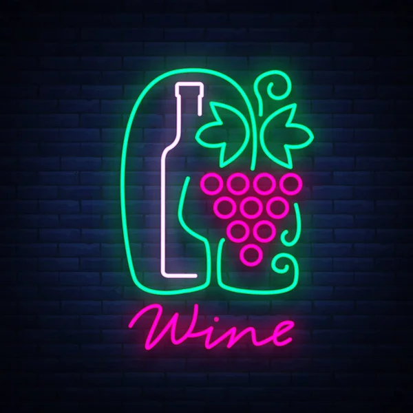 Enoteca logo Template in stile neon alla moda. Logo, stendardo luminoso. Per il menu, bar, ristorante, carta dei vini, cantina, etichetta, vigneto, cantina. Illustrazione vettoriale — Vettoriale Stock