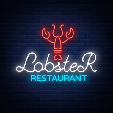 Istakoz neon logo simge vektör çizim. Amblem, restaurant, kafe deniz ürünleri için neon tabela. Parlayan afiş, projeler için bir şablon