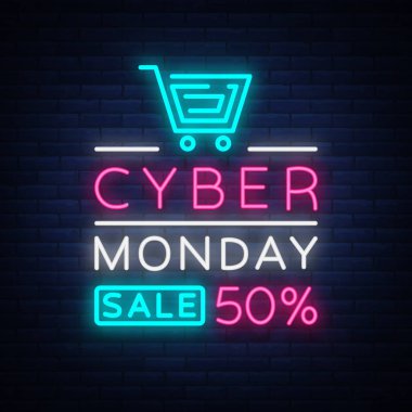 Siber Pazartesi online alışveriş satış konsept illüstrasyon neon tarzı, indirim ve pazarlama kavramı, illüstrasyon vektör. Neon ışıklı tabela, parlak afiş, parlak reklam