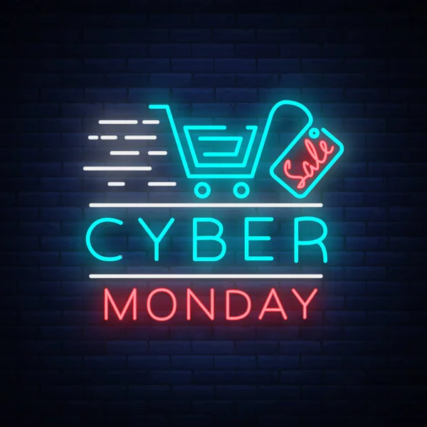 Концептуальный баннер кибер-понедельника в модном неоновом стиле, светящаяся вывеска, вечерняя реклама скидок на продажи кибер-понедельника. Векторная иллюстрация для Ваших проектов — стоковый вектор