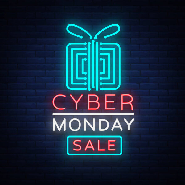 Концептуальный баннер кибер-понедельника в модном неоновом стиле, светящаяся вывеска, вечерняя реклама скидок на продажи кибер-понедельника. Векторная иллюстрация для Ваших проектов
