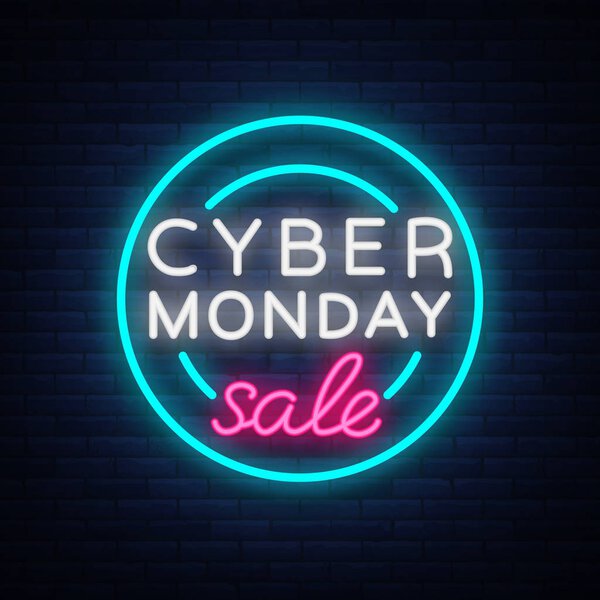 Киберпонедельник, иллюстрация концепции скидок в неоновом стиле, концепция интернет-покупок и маркетинга, векторная иллюстрация. Неоновая светящаяся вывеска, яркий баннер, светящаяся реклама
