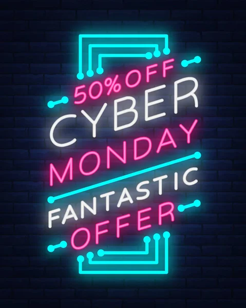 Cyber Monday concept banner in fashionable neon style, luminous signboard, nightly advertising advertisement of sales rebates of cyber Monday. Vector illustration for your projects — Stock Vector