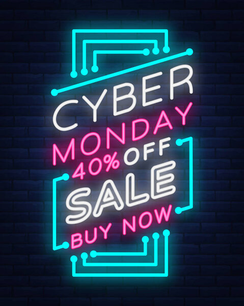 Киберпонедельник, иллюстрация концепции скидок в неоновом стиле, концепция интернет-покупок и маркетинга, векторная иллюстрация. Неоновая светящаяся вывеска, яркий баннер, светящаяся реклама
