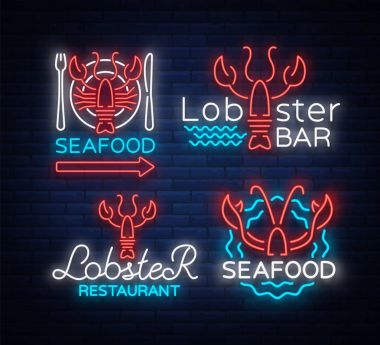Deniz ürünleri neon logo simgeler vektör çizim ayarlayın. Istakoz amblem, levha, Restoran, kafe, bar deniz ürünleri ile gece işareti. Parlayan afiş, projeler için bir şablon
