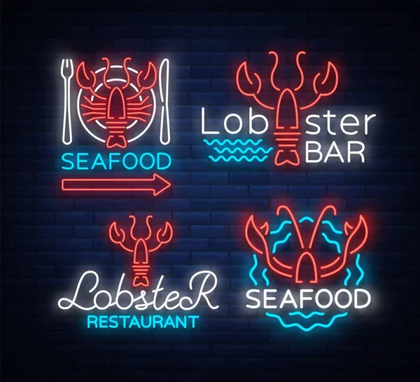 Fisk och skaldjur uppsättning neon logotyp ikoner vektorillustration. Havskräfta emblem, neon reklam, natt tecken för restaurang, café, bar med fisk och skaldjur. Glödande banner, en mall för dina projekt — Stock vektor