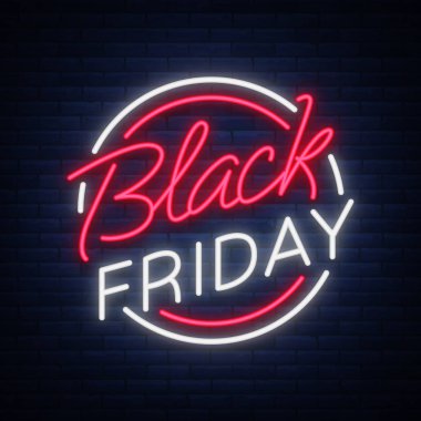 Siyah Cuma vektör izole, poster afiş neon tarzı. Cuma siyah parlak işareti satış iskontoları