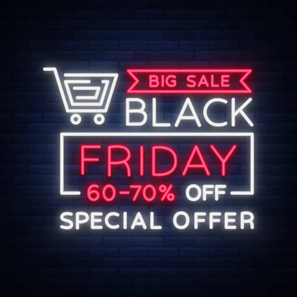 Black Friday vetor isolado, cartaz banner em estilo neon. Venda de sinal brilhante Black Friday descontos — Vetor de Stock