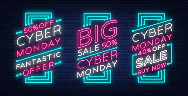 Cyber Monday a set of banners collection in a trendy neon style, a luminous signboard, a nightly advertising advertisement of sales rebates of a cyber Monday. Vector illustration for your projects — Stock Vector