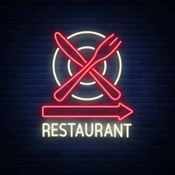 Restaurace logo, znak, znak v neon stylu. Zářící vývěskách, noční jasný nápis. Zářící neon noc reklama restaurace, café snack bar a dalších institucí. Vektorové ilustrace — Stockový vektor