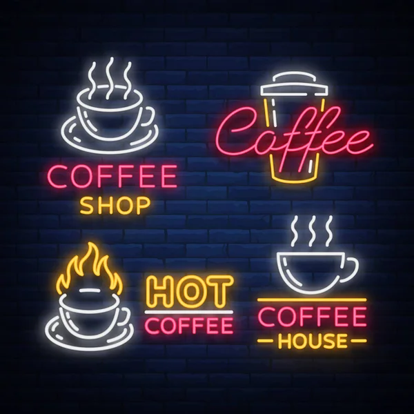 Set of vector coffee elements and accessories for coffee. Coffee logos, emblems in neon style, noy advertising coffee. Bright luminous signboard, night advertisement — Stock Vector