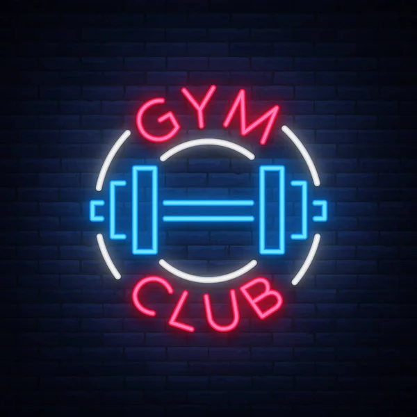 Logotype gym sign in neon style isolated vector illustration. A glowing sign, a nightly bright neon advertisement of the gym, fitness club, sports club and for your other projects