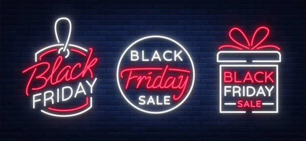 Black Friday set kollektion neon werbung, rabatte, verkäufe, neon bright banner sign. Leuchtendes Zeichen für Ihre Projekte — Stockvektor