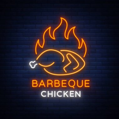 Logo tavuk Barbekü bir neon-stil logosu bir gıda deposu ve bir restoran için 's. Neon tabela, gece parlak reklam tavuk ızgara. Vektör çizim