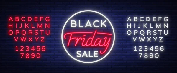 Black Friday Verkauf Leuchtreklame, Neonbanner, Hintergrundbroschüre. Leuchtende Werbung, Verkaufsrabatte am schwarzen Freitag. Vektorillustration. Bearbeiten von Text-Leuchtreklame. Neon-Alphabet — Stockvektor