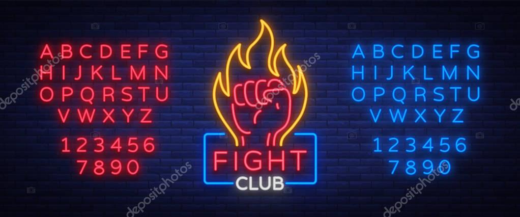Fight club logo neon sign isolated vector illustration. Neon banner, night glowing emblem advertisement. Editing text neon sign.