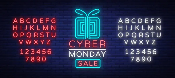 Cyber Monday concept banner in fashionable neon style, luminous signboard, nightly advertising advertisement of sales rebates of cyber Monday. Vector illustration. Editing text neon sign — Stock Vector