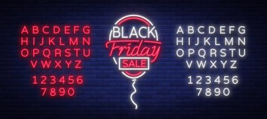 Cuma neon reklam, iskontoları, satış, neon parlak afiş işareti siyah. Projeleriniz için parlayan işaret. Metin neon tabela düzenleme. Neon alfabesi